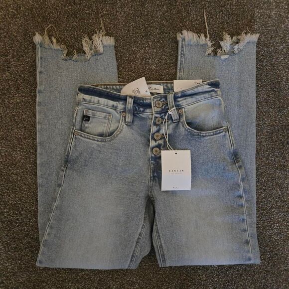 Women's Kancan High Rise Slim Straight Raw Hem Button Denim Jeans 0 NEW - Picture 5 of 8